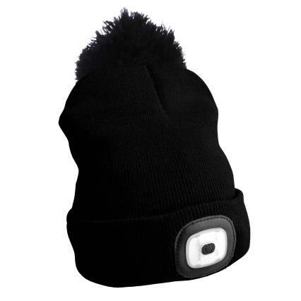 Beanie Hat with headlamp 180lm, rechargeable, USB, universal size, cotton/PE, black with pompom