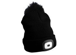 Beanie Hat with headlamp 180lm, rechargeable, USB, universal size, cotton/PE, black with pompom